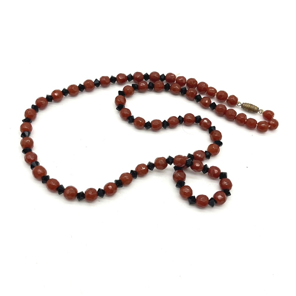 Vintage Carnelian Bead Necklace Faceted Orange Stone Black Spacers 21 Inch